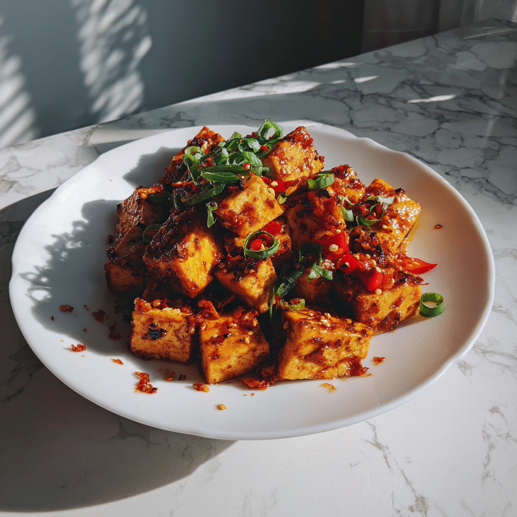 Ein Teller mit Chili-Tofu | Quelle: Midjourney
