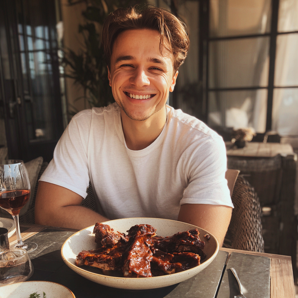 Ein lächelnder junger Mann sitzt an einem Tisch | Quelle: Midjourney