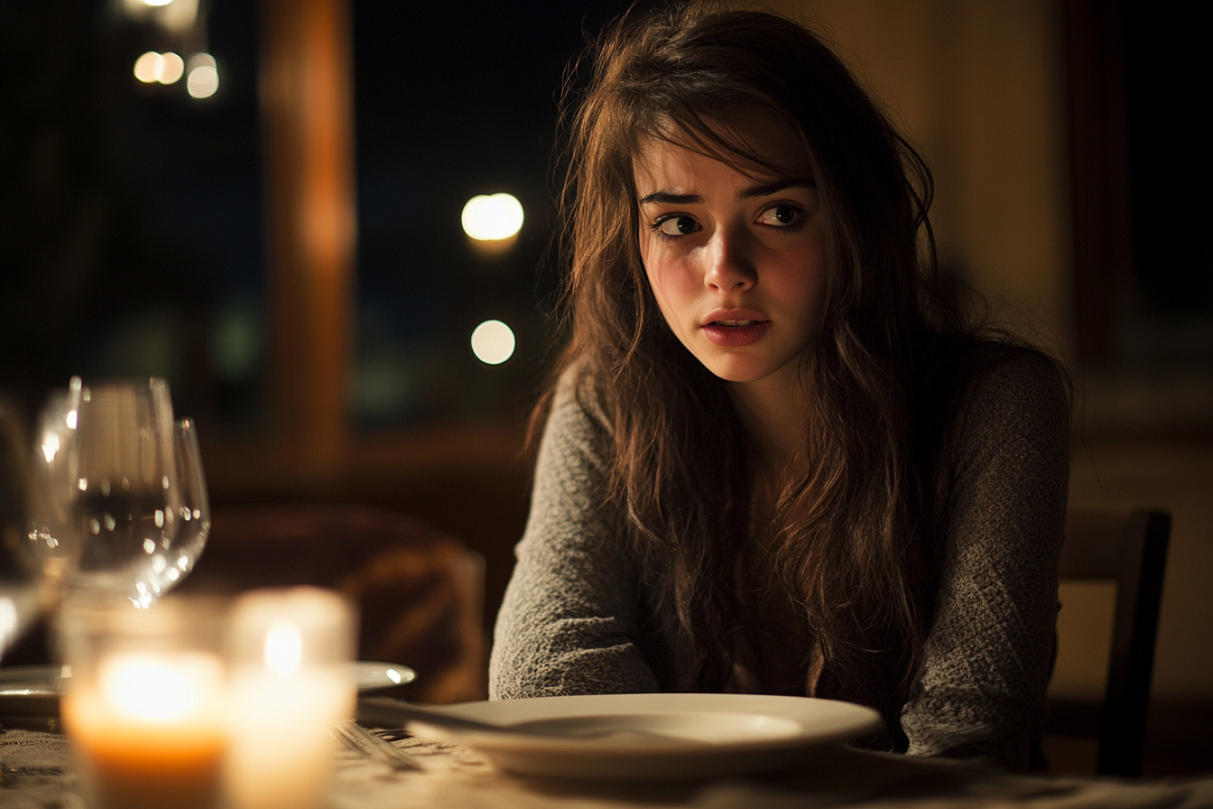 Eine Frau in einem Restaurant mit unsicherem Blick | Quelle: Midjourney