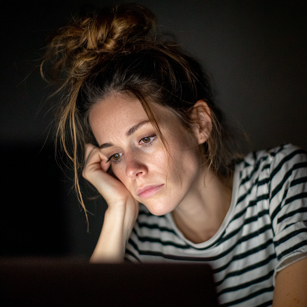 Eine Frau sitzt an einem Tisch und schaut auf einen Laptop | Quelle: Midjourney