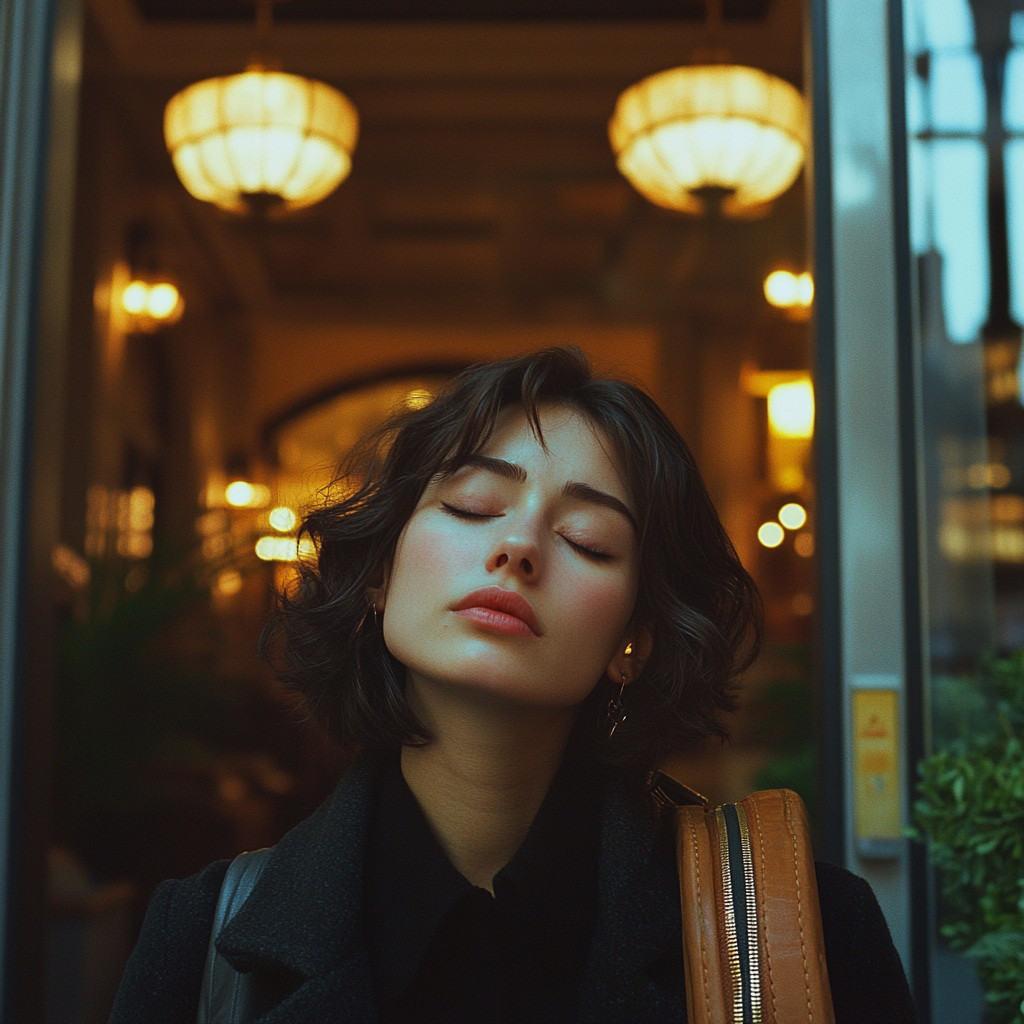 Sarah atmet vor ihrem Flitterwochenhotel tief durch | Quelle: Midjourney