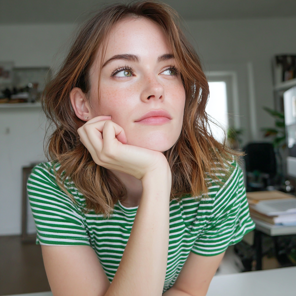 Eine nachdenkliche Frau lehnt auf einem Tisch | Quelle: Midjourney