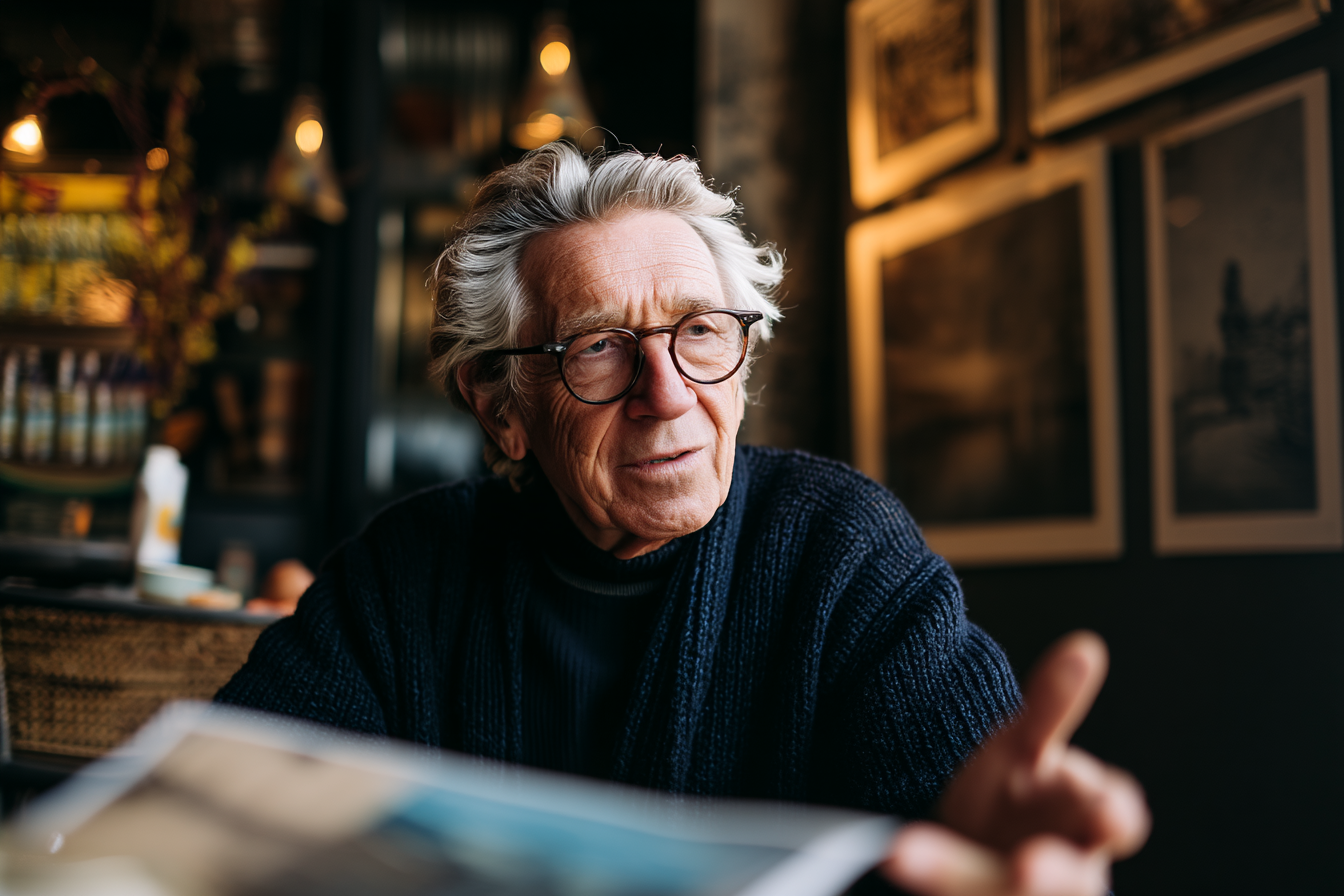 Ein Mann, der in einem Café sitzt und spricht | Quelle: Midjourney