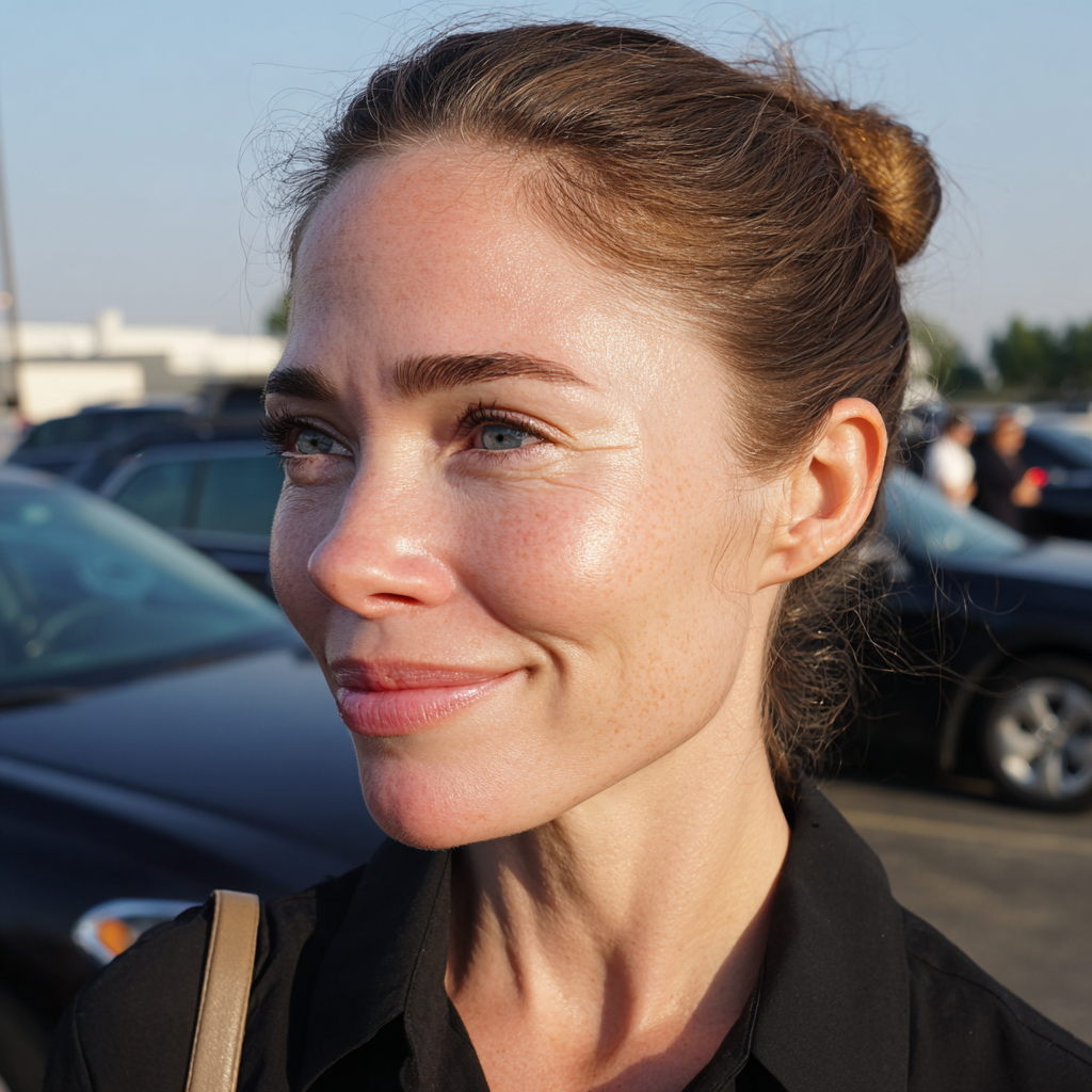 Eine lächelnde Frau, die auf einem Parkplatz steht | Quelle: Midjourney