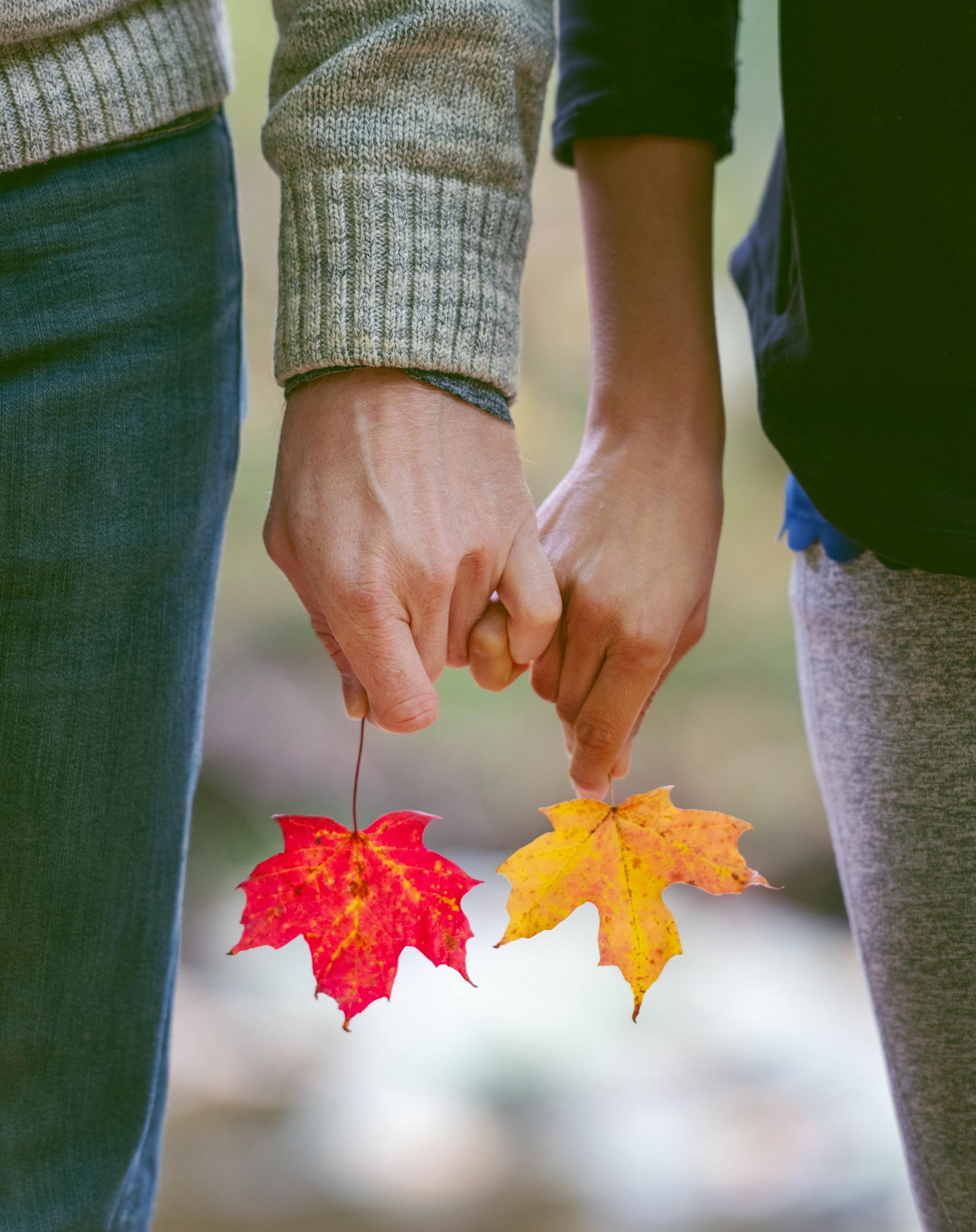 Ein Paar, das Herbstblätter mit ineinander verschlungenen kleinen Fingern hält | Quelle: Pexels