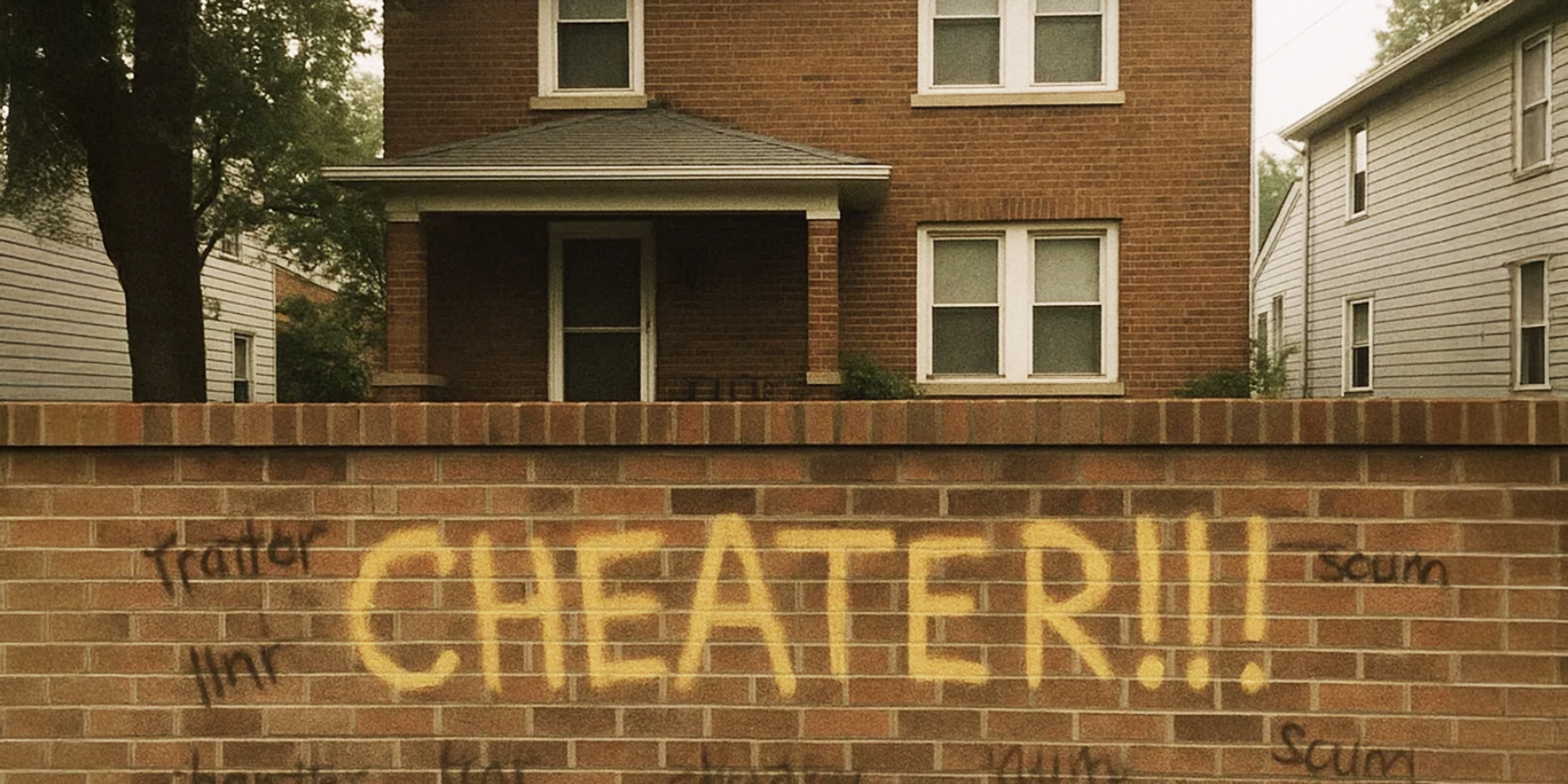 Ein Grafitti mit der Aufschrift "CHEATER!!!", das in fettem Gelb auf eine Backsteinmauer vor einem Vorstadthaus gesprüht wurde | Quelle: Barabola