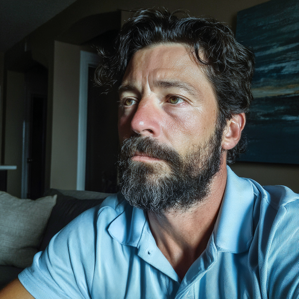 Ein emotionaler Mann, der einen blauen Golfer trägt | Quelle: Midjourney
