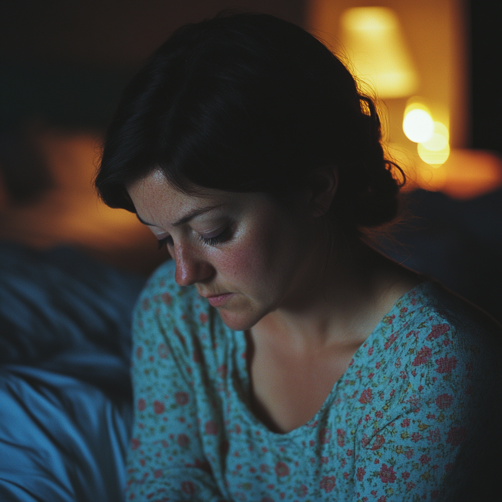 Eine traurige Frau im Bett | Quelle: Midjourney