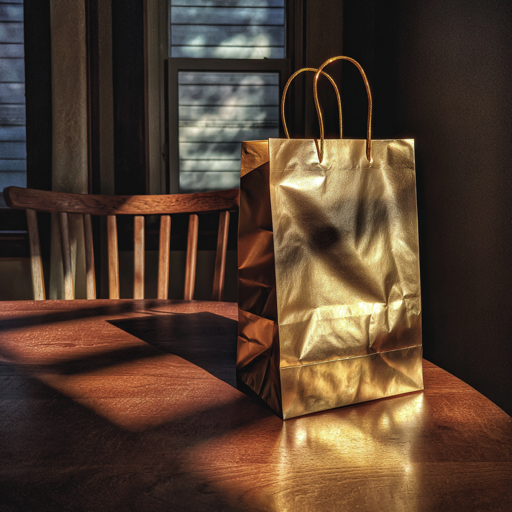 Eine goldene Geschenktüte auf einem Tisch | Quelle: Midjourney