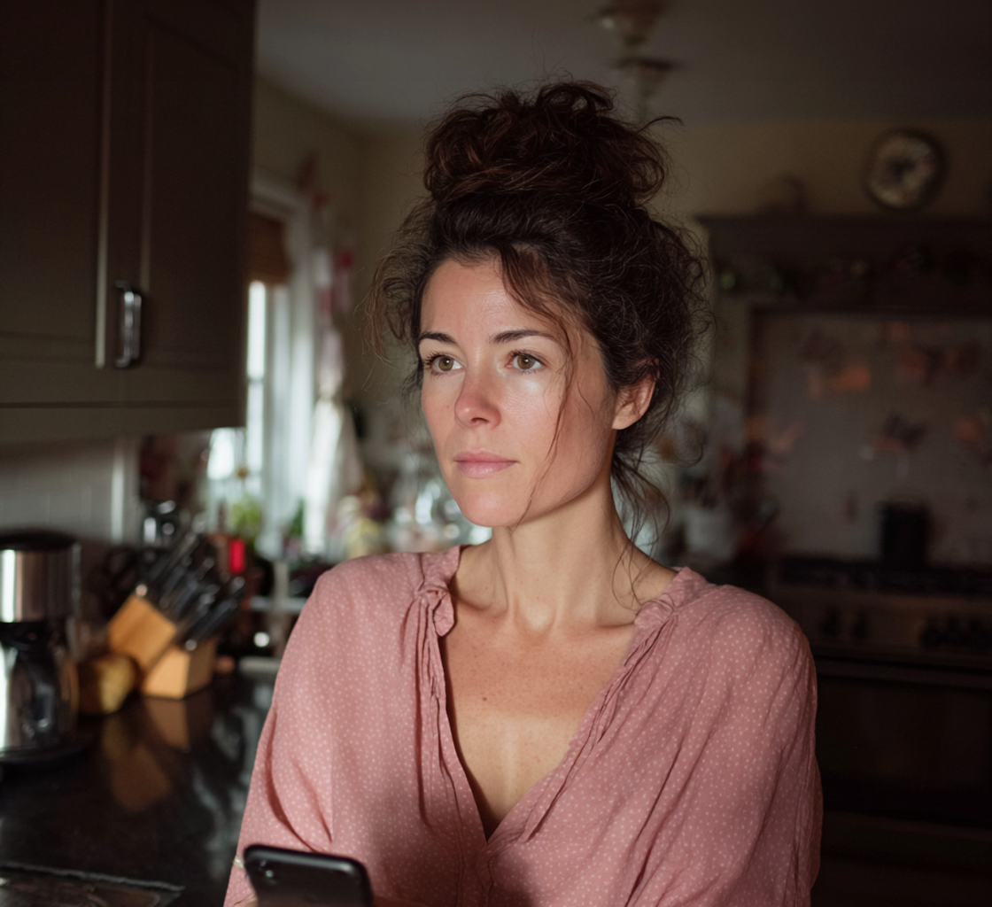 Eine nachdenkliche Frau, die ihr Handy hält | Quelle: Midjourney