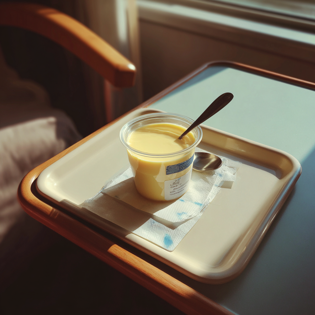 Ein Behälter mit Pudding auf einem Krankenhaustablett | Quelle: Midjourney