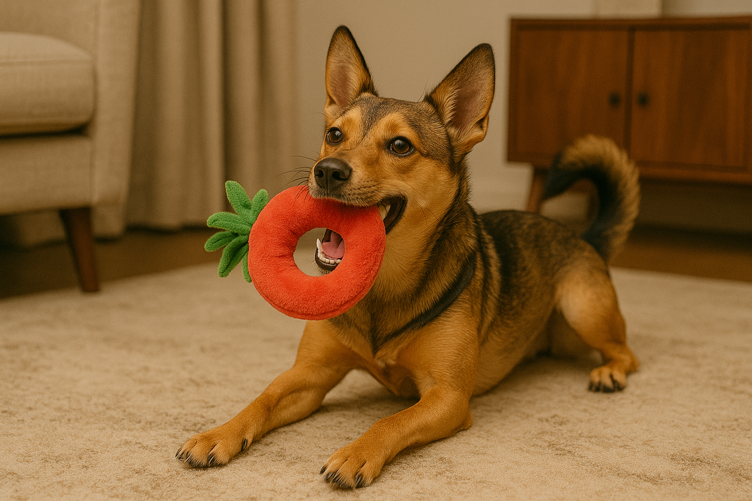 Ein glücklicher Hund spielt mit einem Spielzeug | Quelle: DALL-E