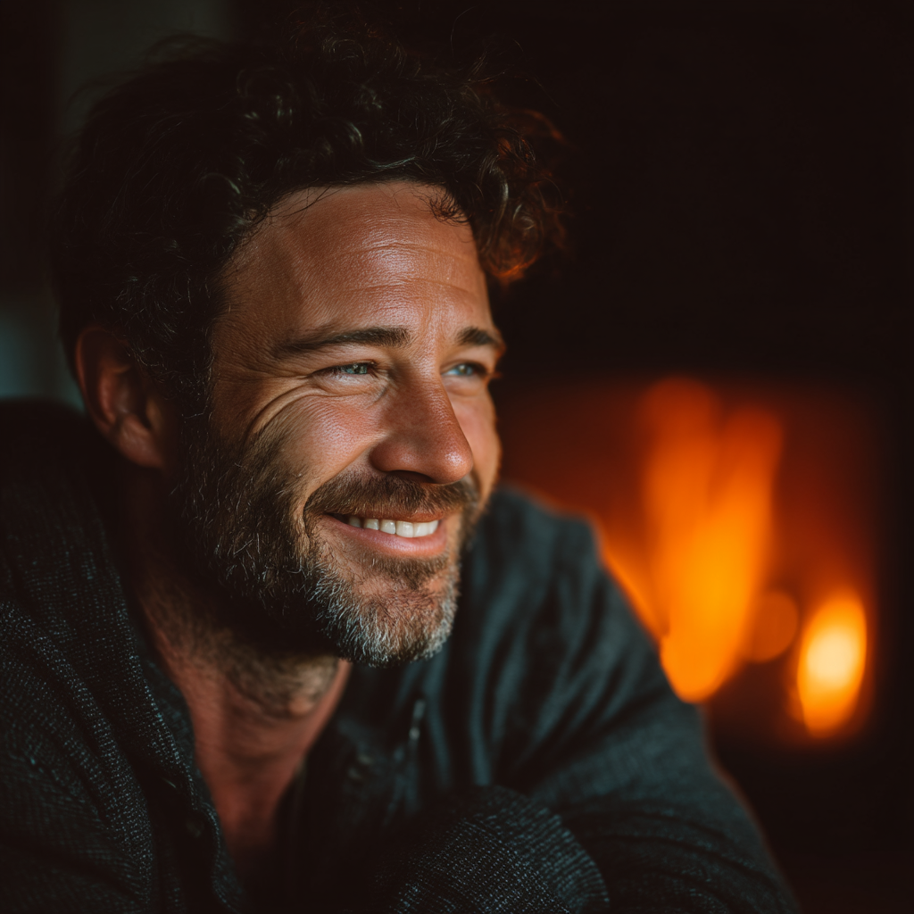 Ein glücklicher Mann sitzt vor dem Kamin seines Hauses | Quelle: Midjourney