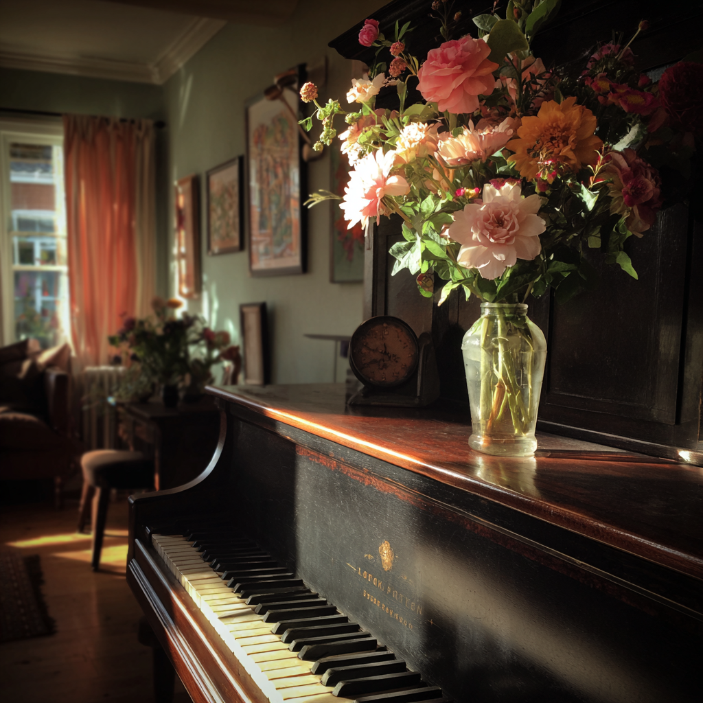 Ein Klavier in einem Wohnzimmer | Quelle: Midjourney