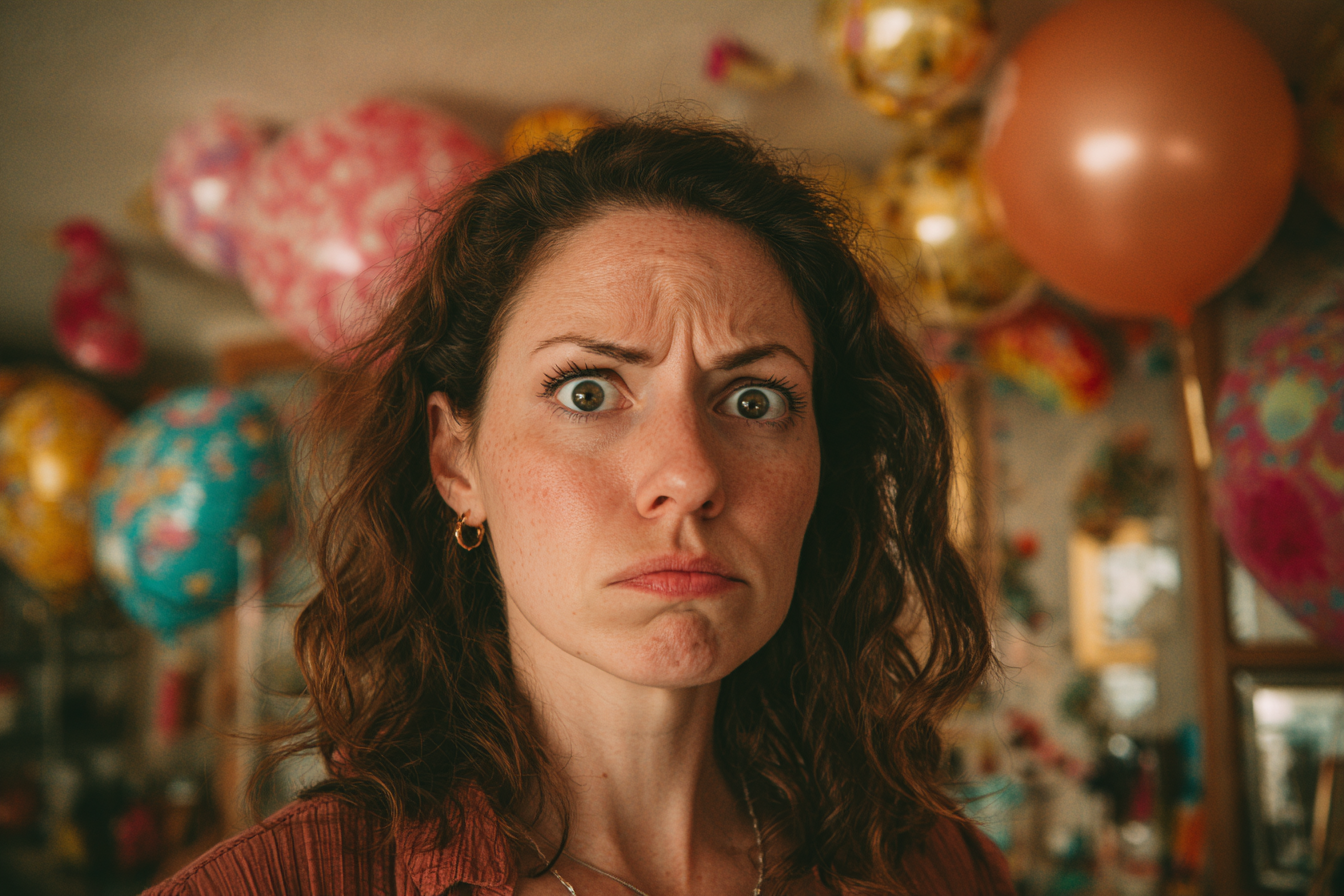Eine Frau, die auf der Geburtstagsparty ihrer Tochter die Stirn runzelt | Quelle: Midjourney