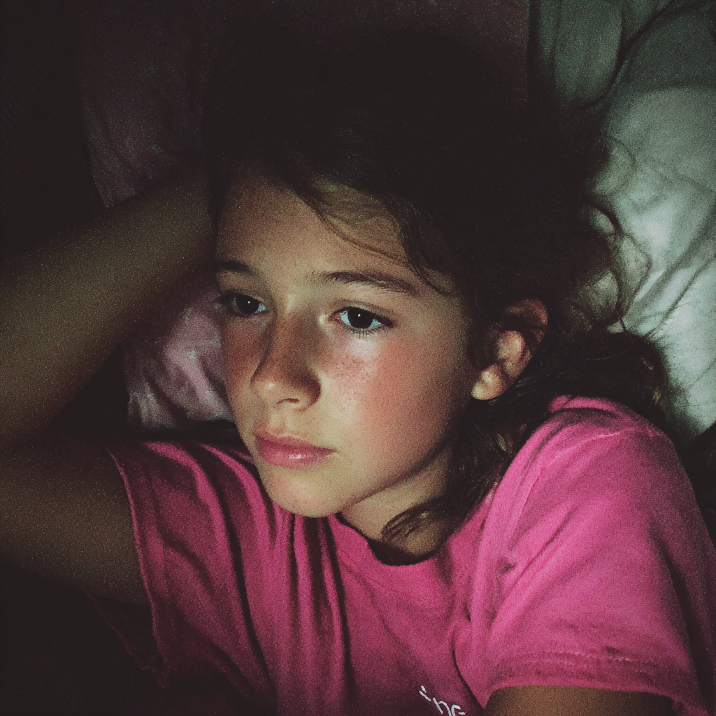 Ein emotionales kleines Mädchen, das im Bett liegt | Quelle: Midjourney