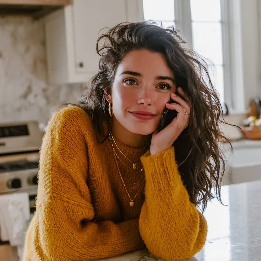 Eine amüsierte Frau am Telefon | Quelle: Midjourney