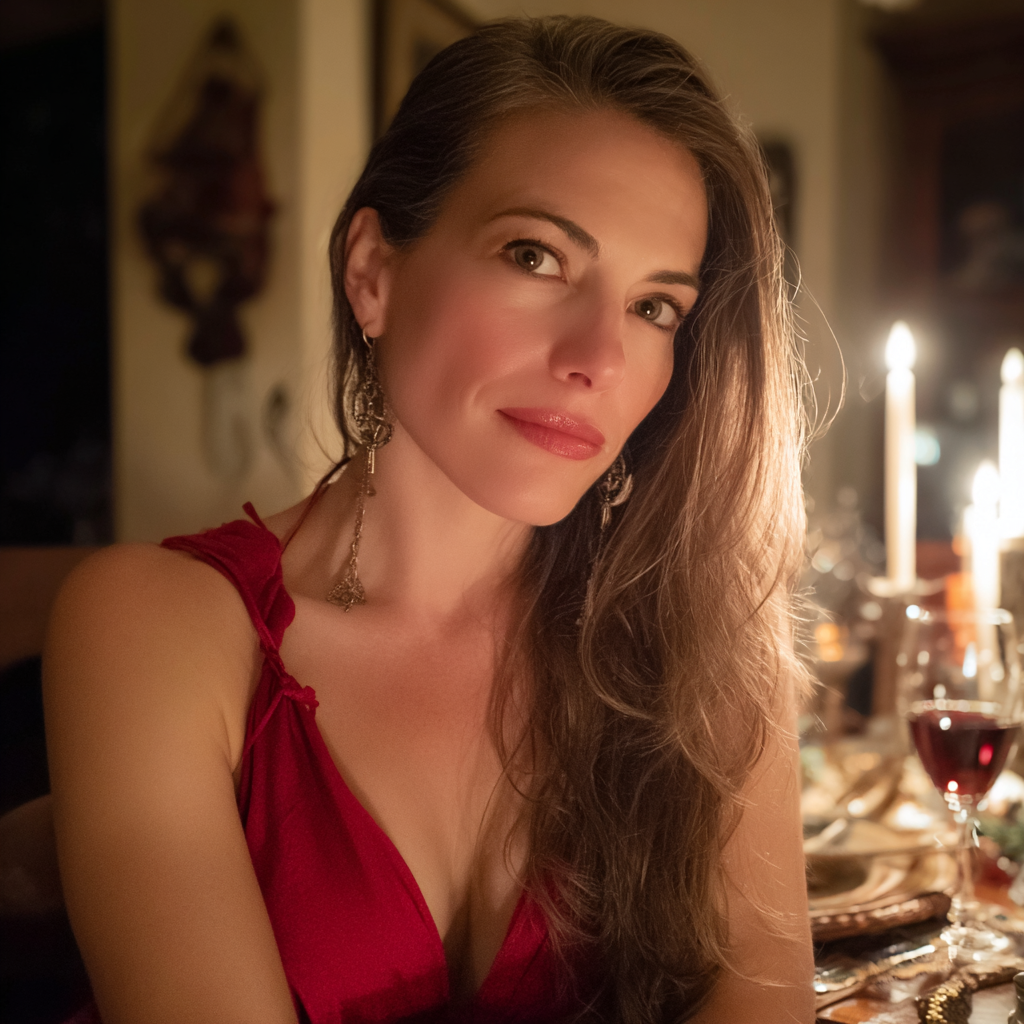 Eine Nahaufnahme einer Frau, die an einem Tisch sitzt | Quelle: Midjourney