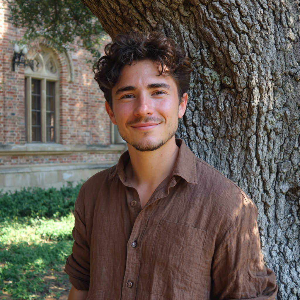 Ein lächelnder Mann, der ein braunes Leinenhemd trägt | Quelle: Midjourney