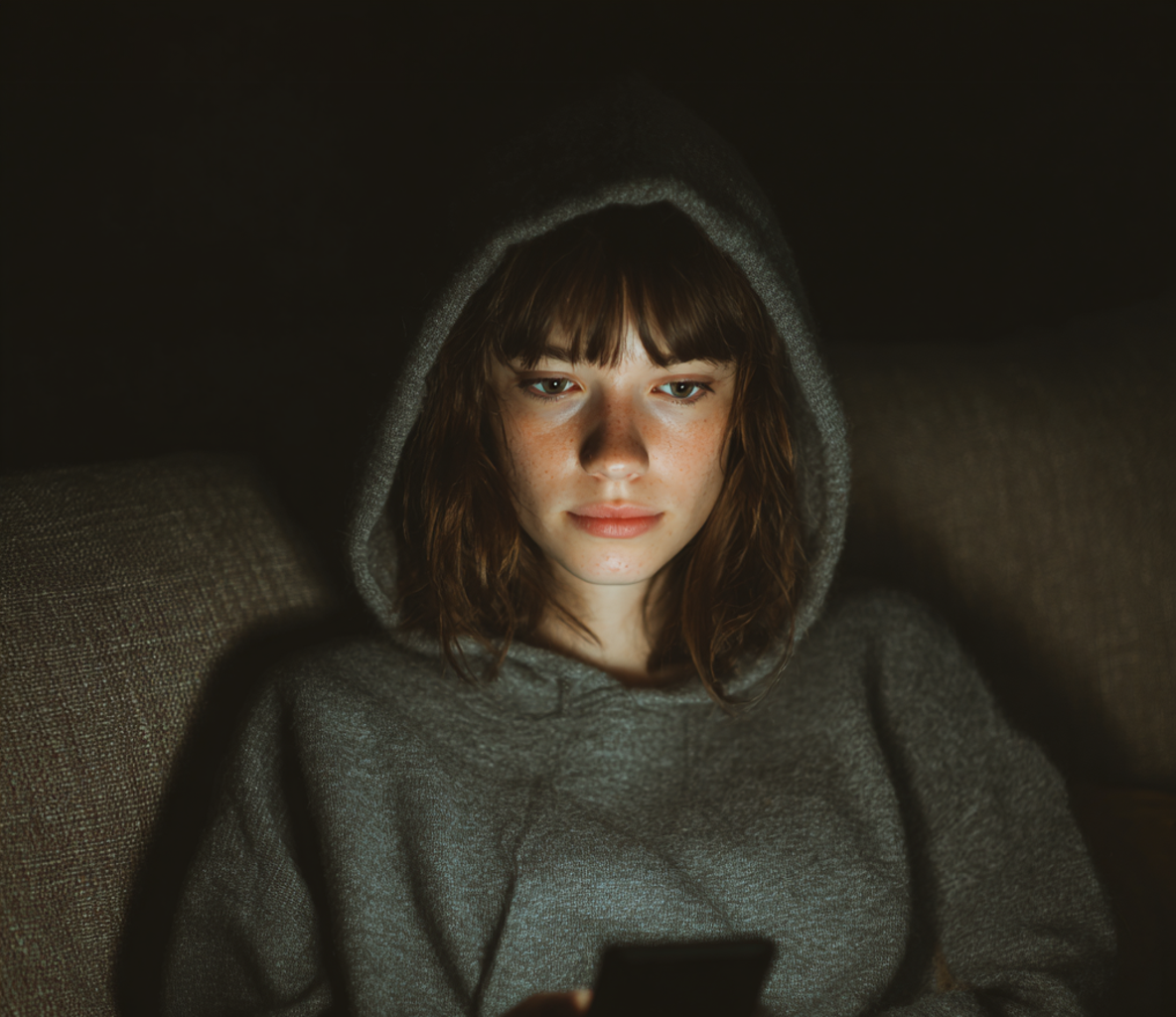 Eine Frau benutzt ihr Telefon im Dunkeln | Quelle: Midjourney