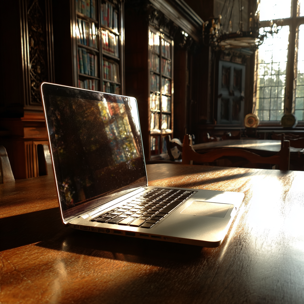 Ein Laptop auf einem Tisch in einer Bibliothek | Quelle: Midjourney
