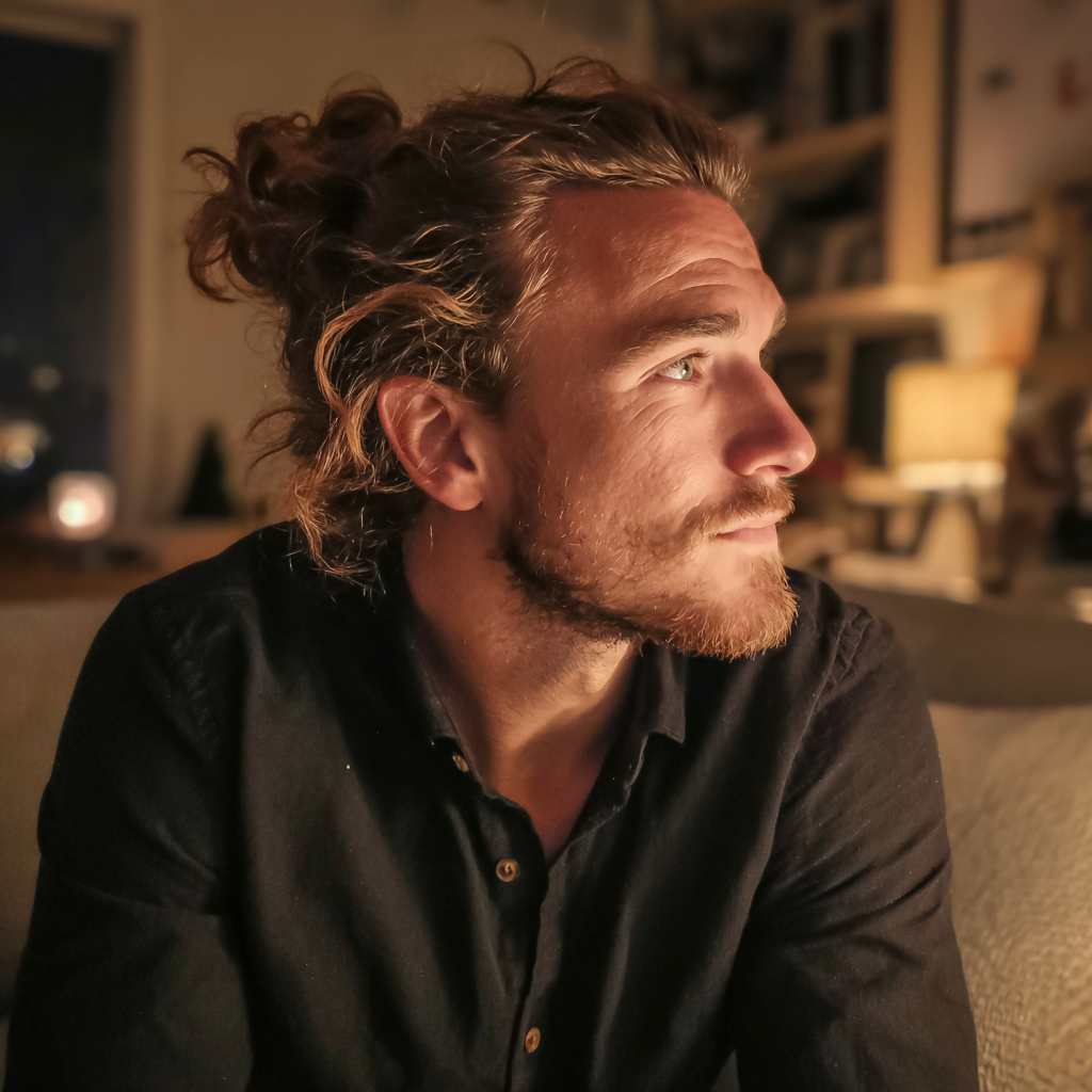 Eine Seitenansicht eines Mannes, der in einem Wohnzimmer sitzt | Quelle: Midjourney