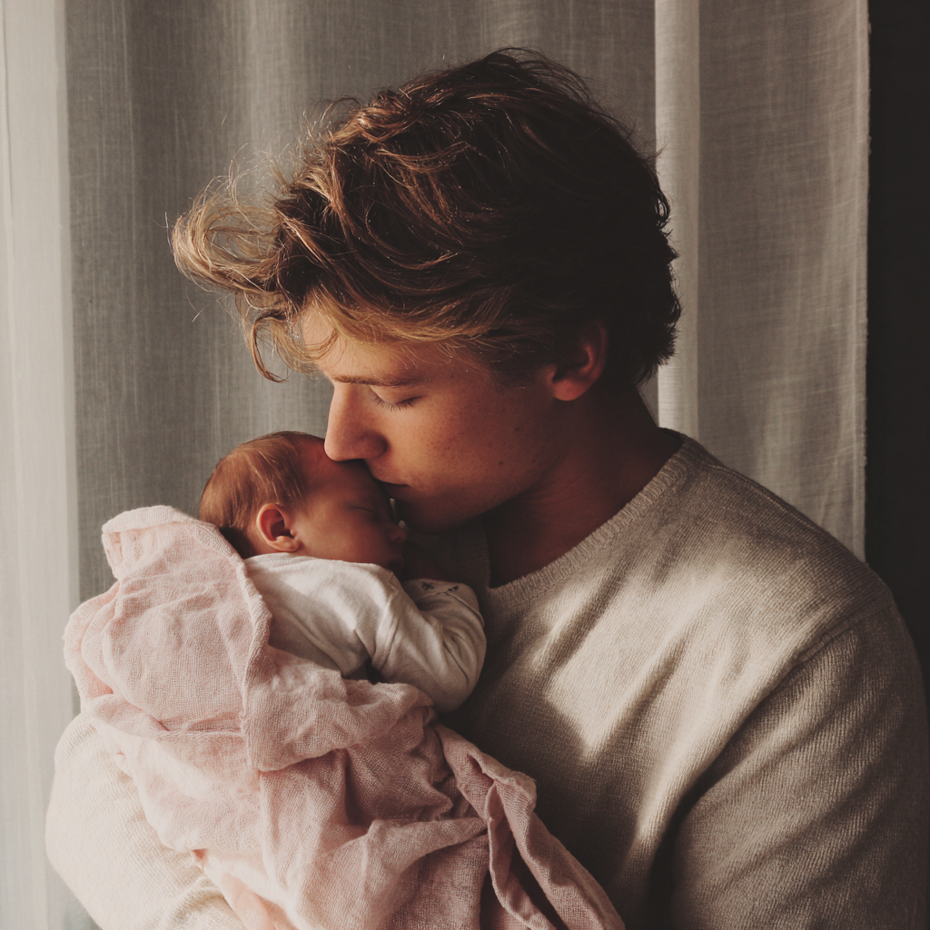 Ein junger Mann hält ein neugeborenes Baby | Quelle: Midjourney