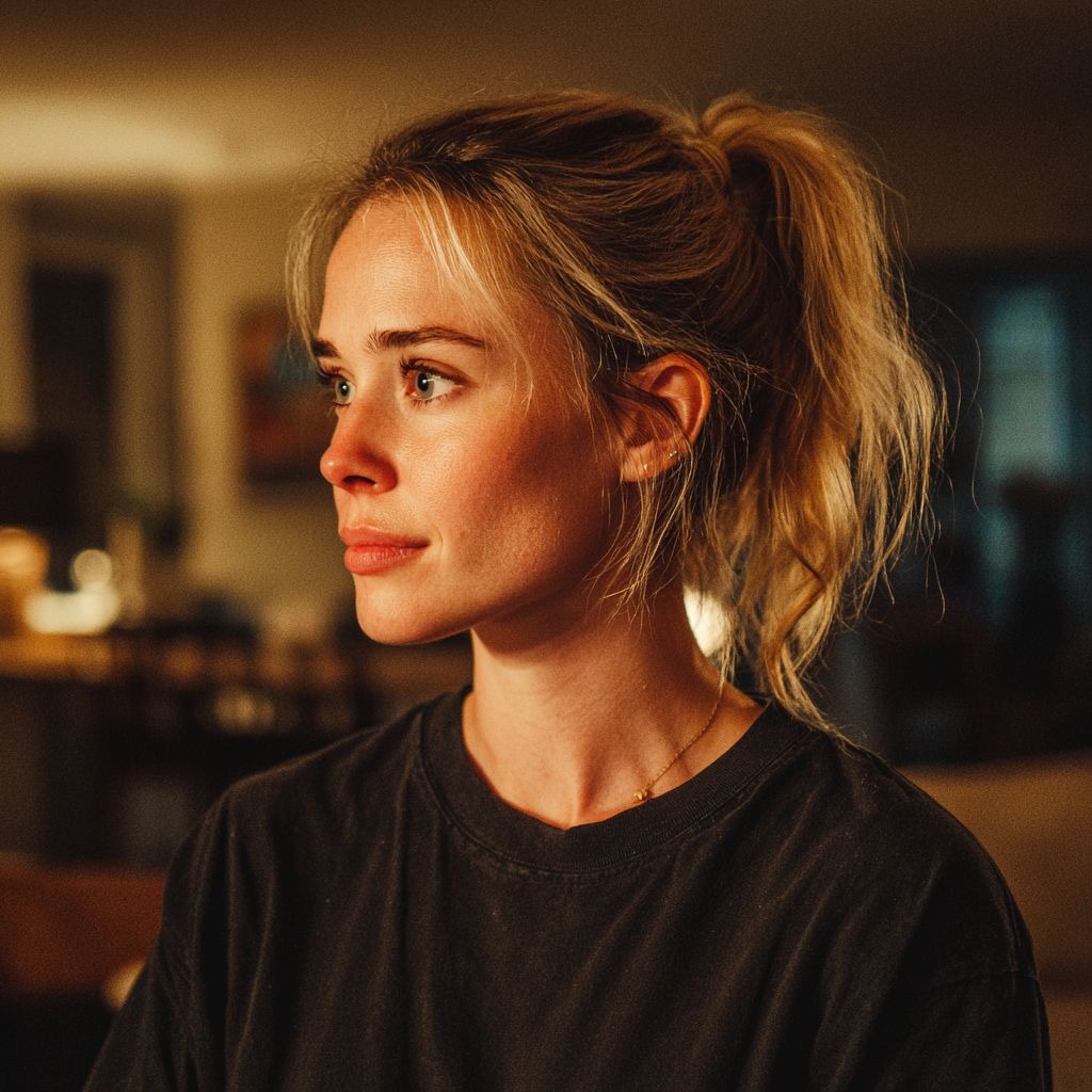 Eine emotionale Frau in einem Wohnzimmer | Quelle: Midjourney