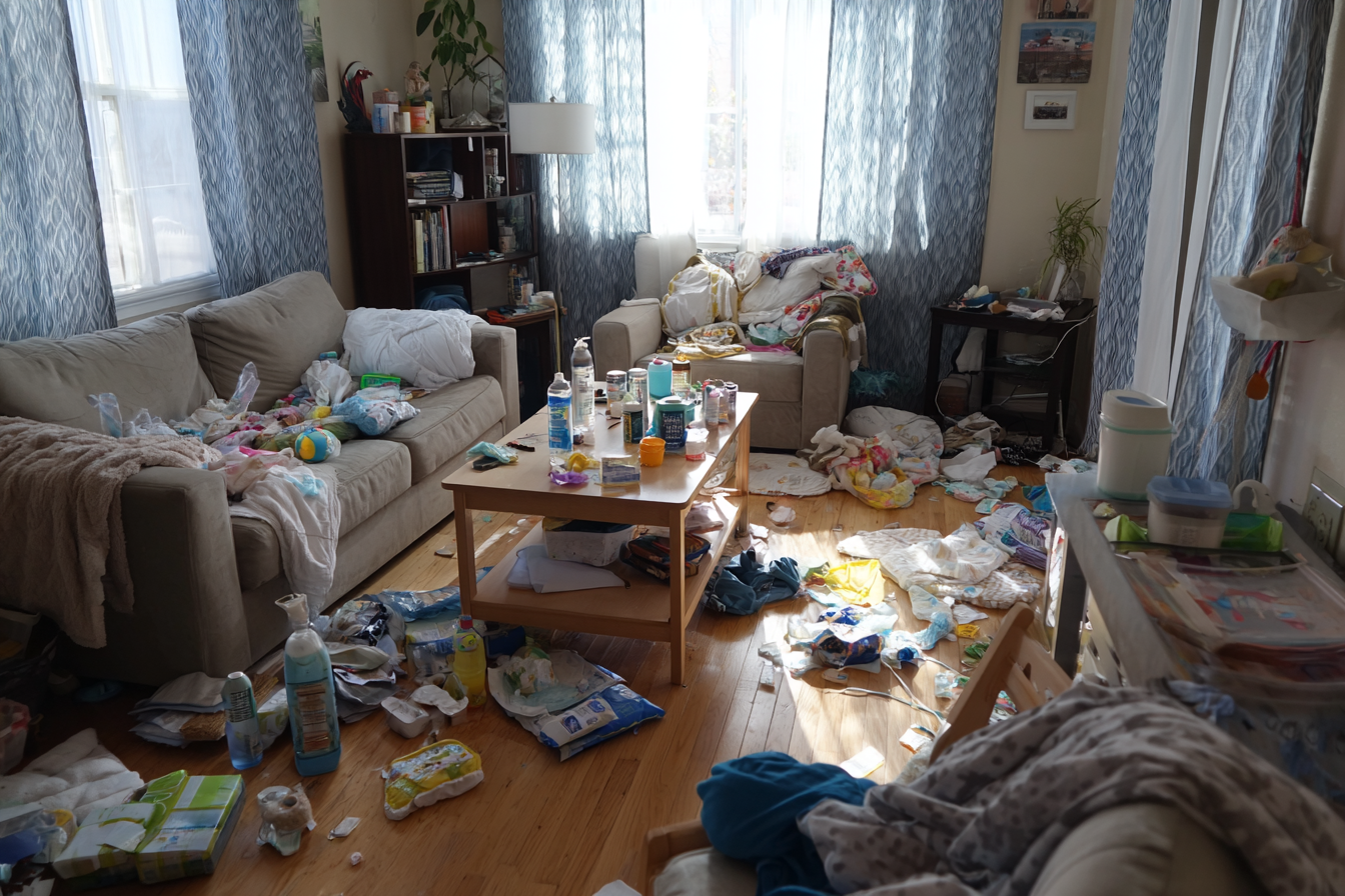 Ein unordentliches Wohnzimmer | Quelle: Midjourney