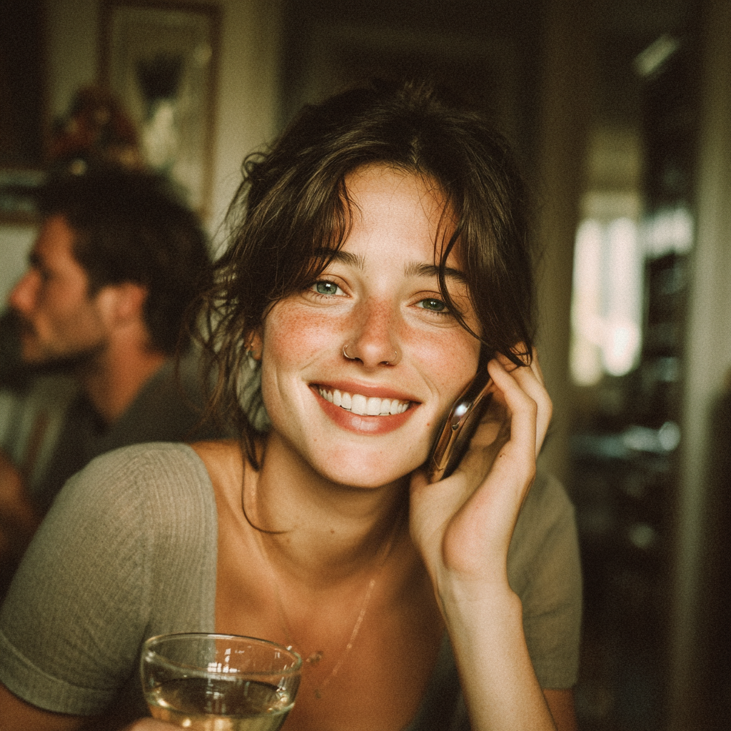 Eine glückliche Frau beim Telefonieren mit einem Getränk in der Hand | Quelle: Midjourney