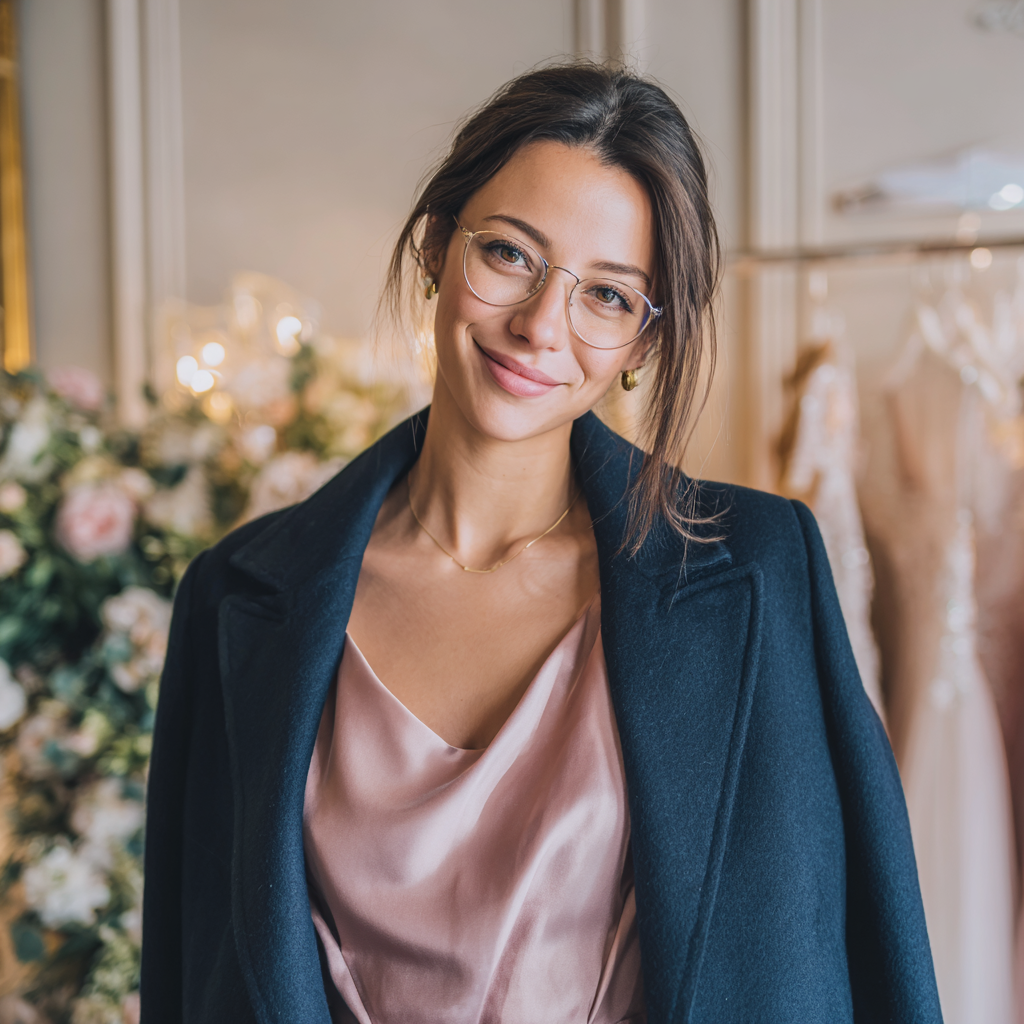 Eine lächelnde Frau in einem marineblauen Mantel | Quelle: Midjourney