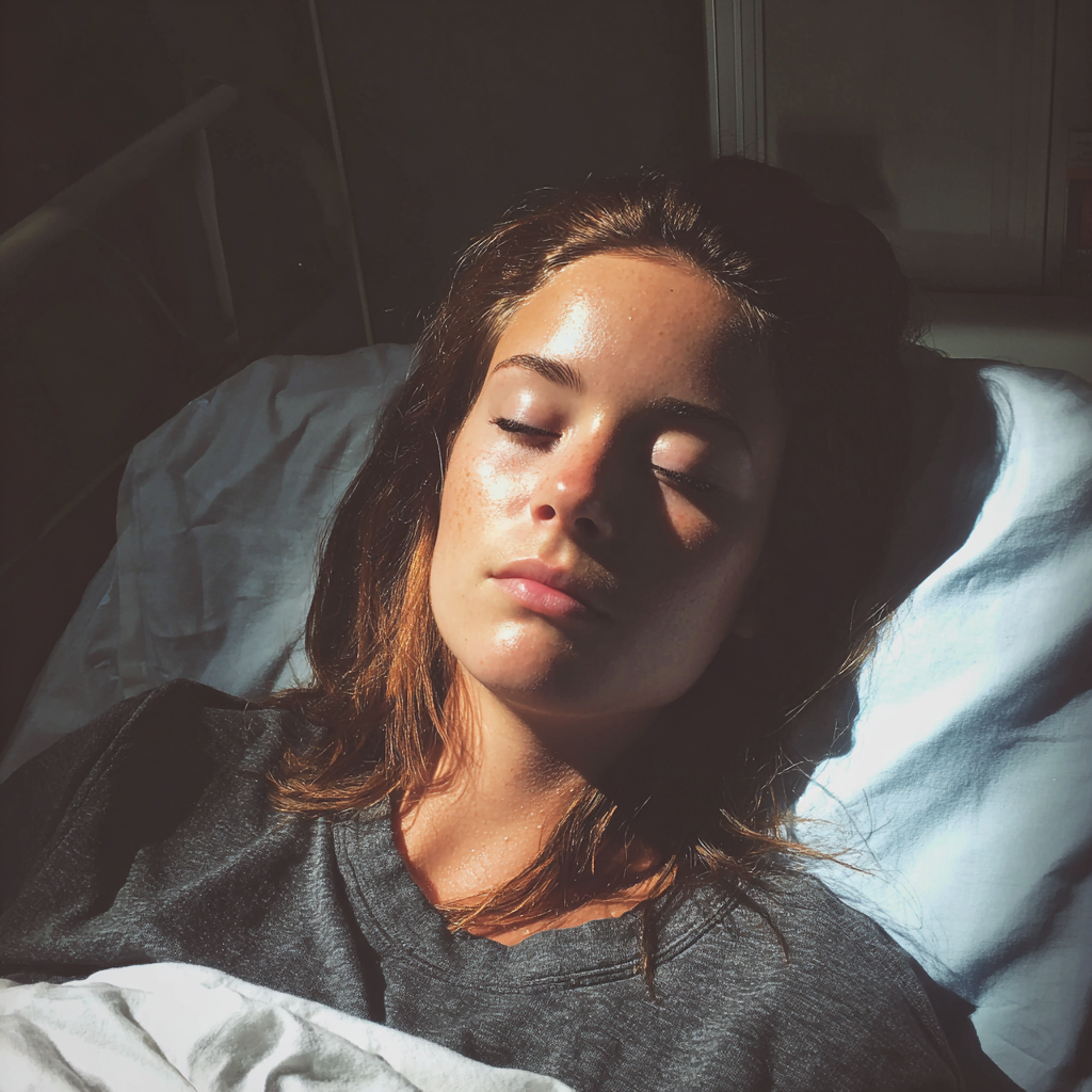Eine Frau, die mit geschlossenen Augen in einem Krankenhausbett liegt | Quelle: Midjourney