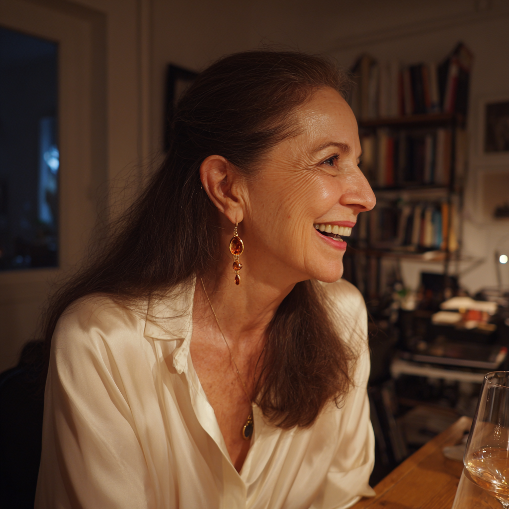 Eine lächelnde Frau in einer weißen Seidenbluse | Quelle: Midjourney