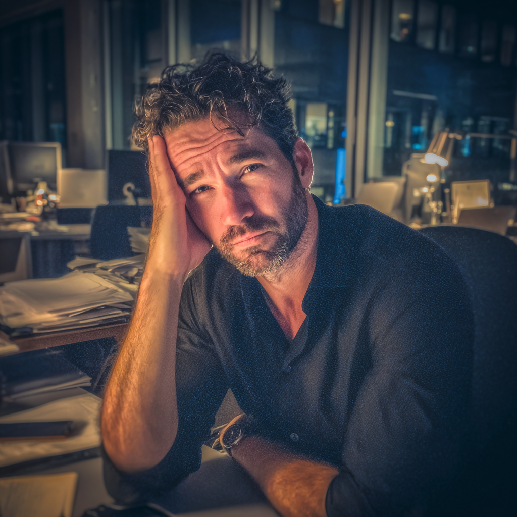 Ein stirnrunzelnder Mann sitzt an seinem Schreibtisch | Quelle: Midjourney