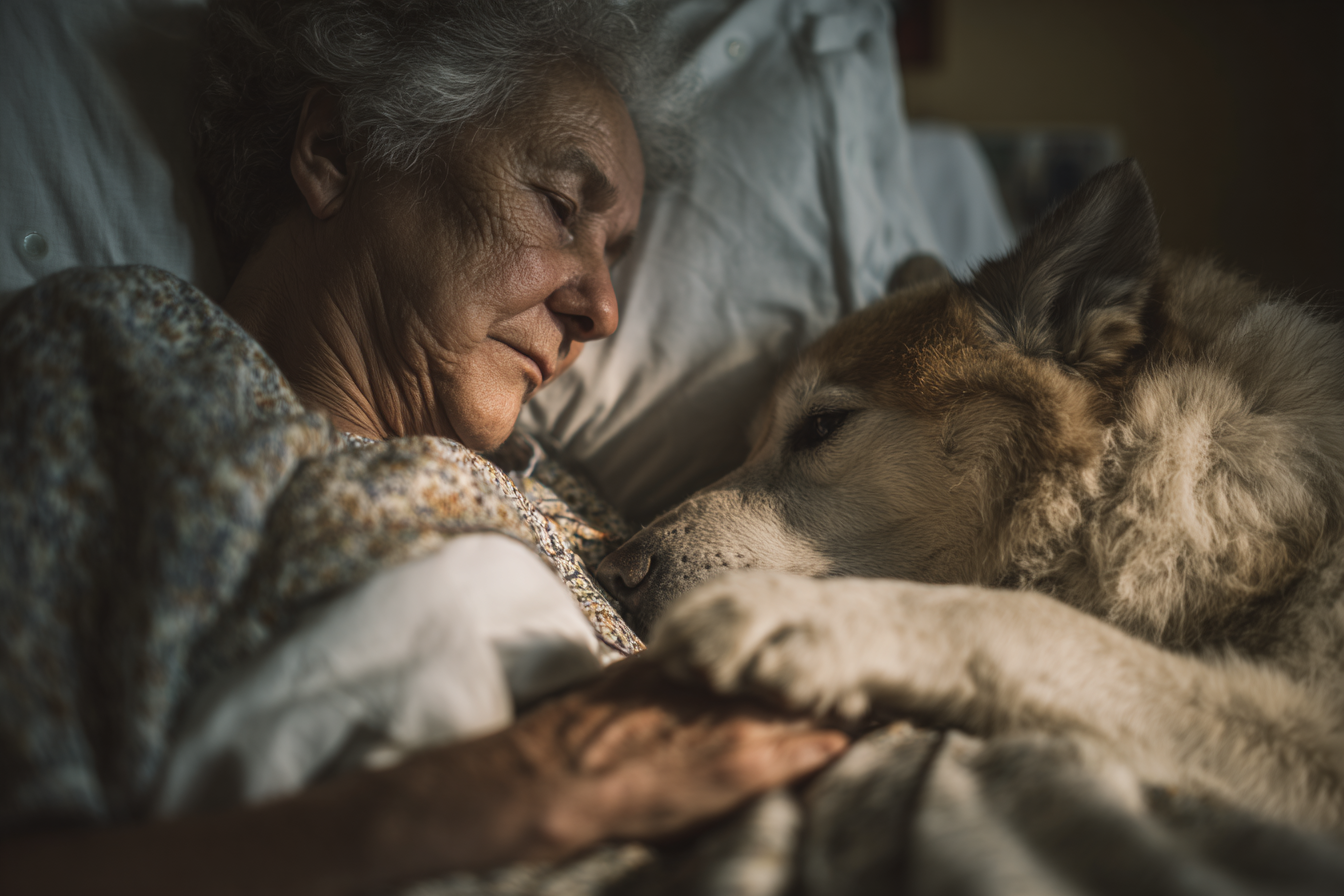 Ein Hund sitzt neben einer älteren Frau | Quelle: Midjourney