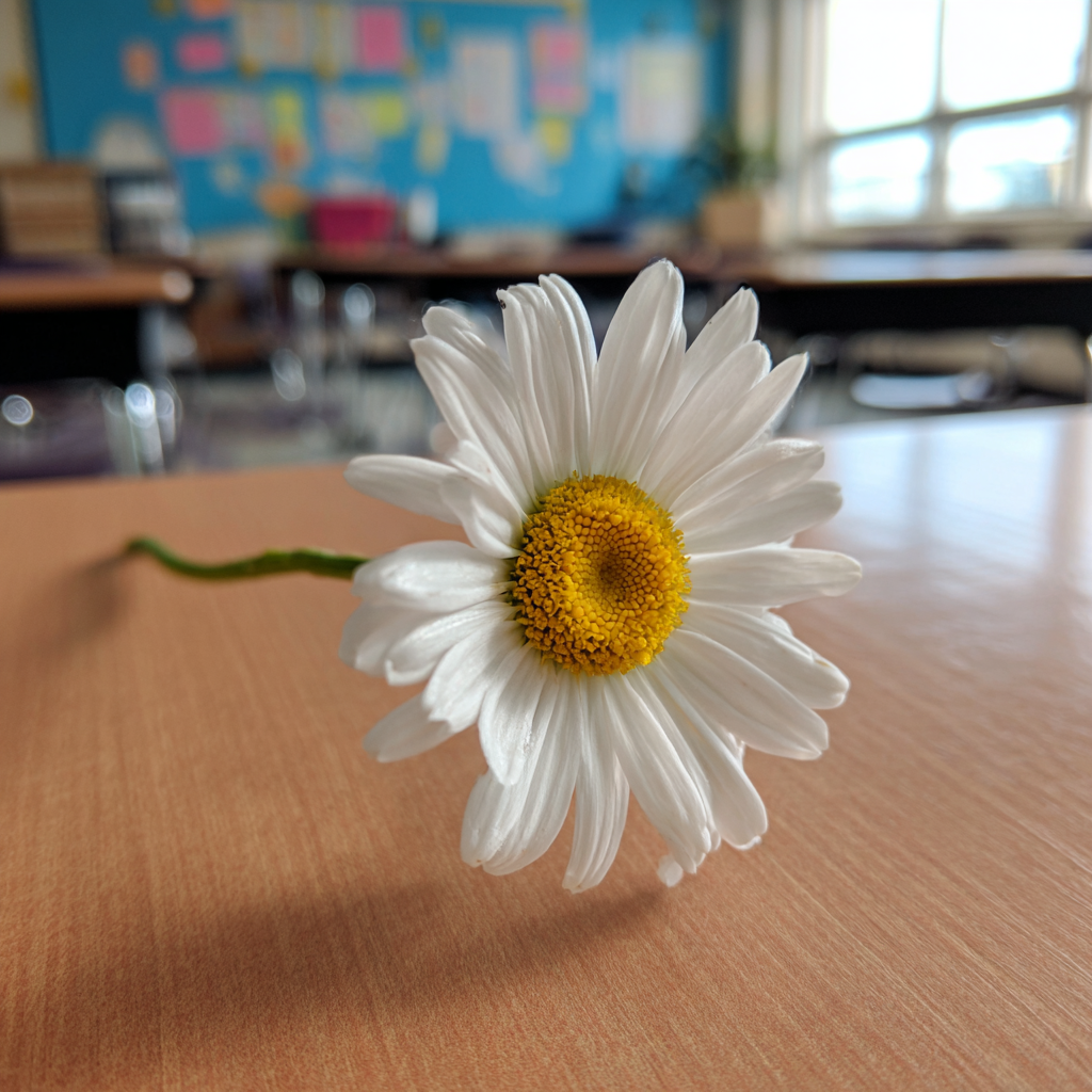 Eine Nahaufnahme einer Blume auf einem Schreibtisch | Quelle: Midjourney