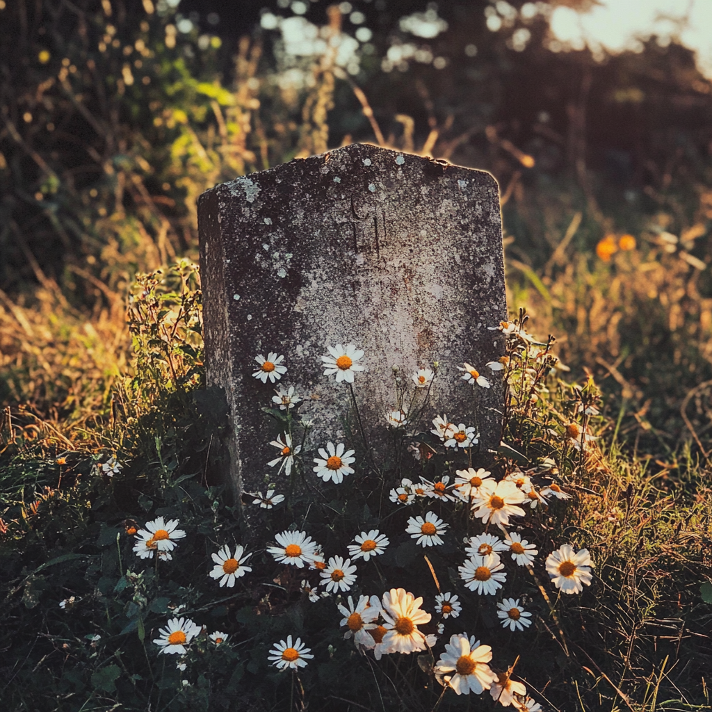 Blumen, die um einen Grabstein wachsen | Quelle: Midjourney