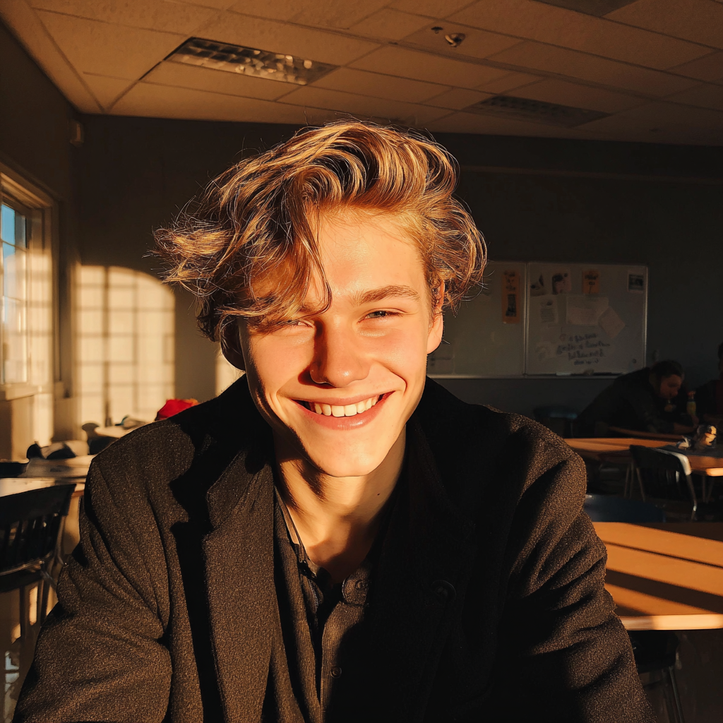 Ein lächelnder Teenager sitzt in einem Klassenzimmer | Quelle: Midjourney