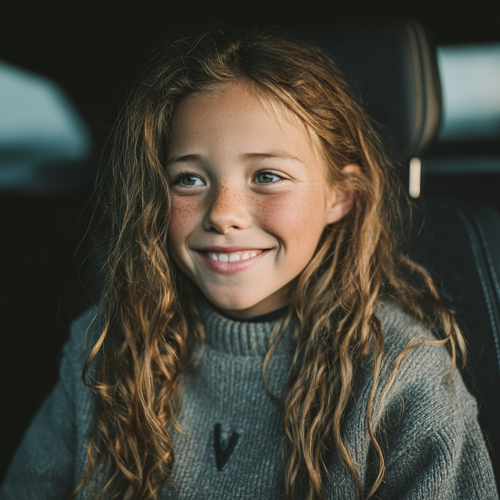 Ein glückliches Mädchen auf dem Rücksitz eines Autos | Quelle: Midjourney
