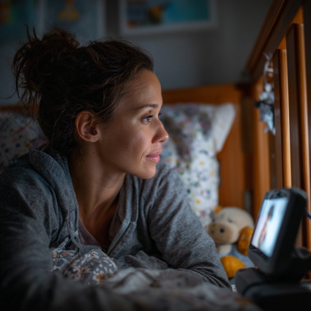 Eine aufmerksame Mutter, die ein Babyfon abhört | Quelle: Midjourney