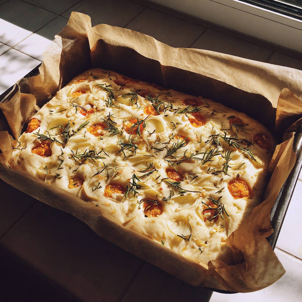 Focaccia in einer Auflaufform | Quelle: Midjourney