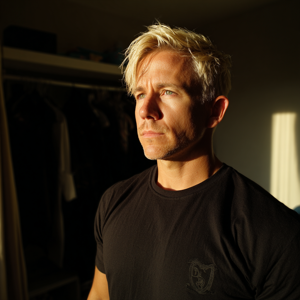 Ein nachdenklicher Mann in einem schwarzen T-Shirt | Quelle: Midjourney