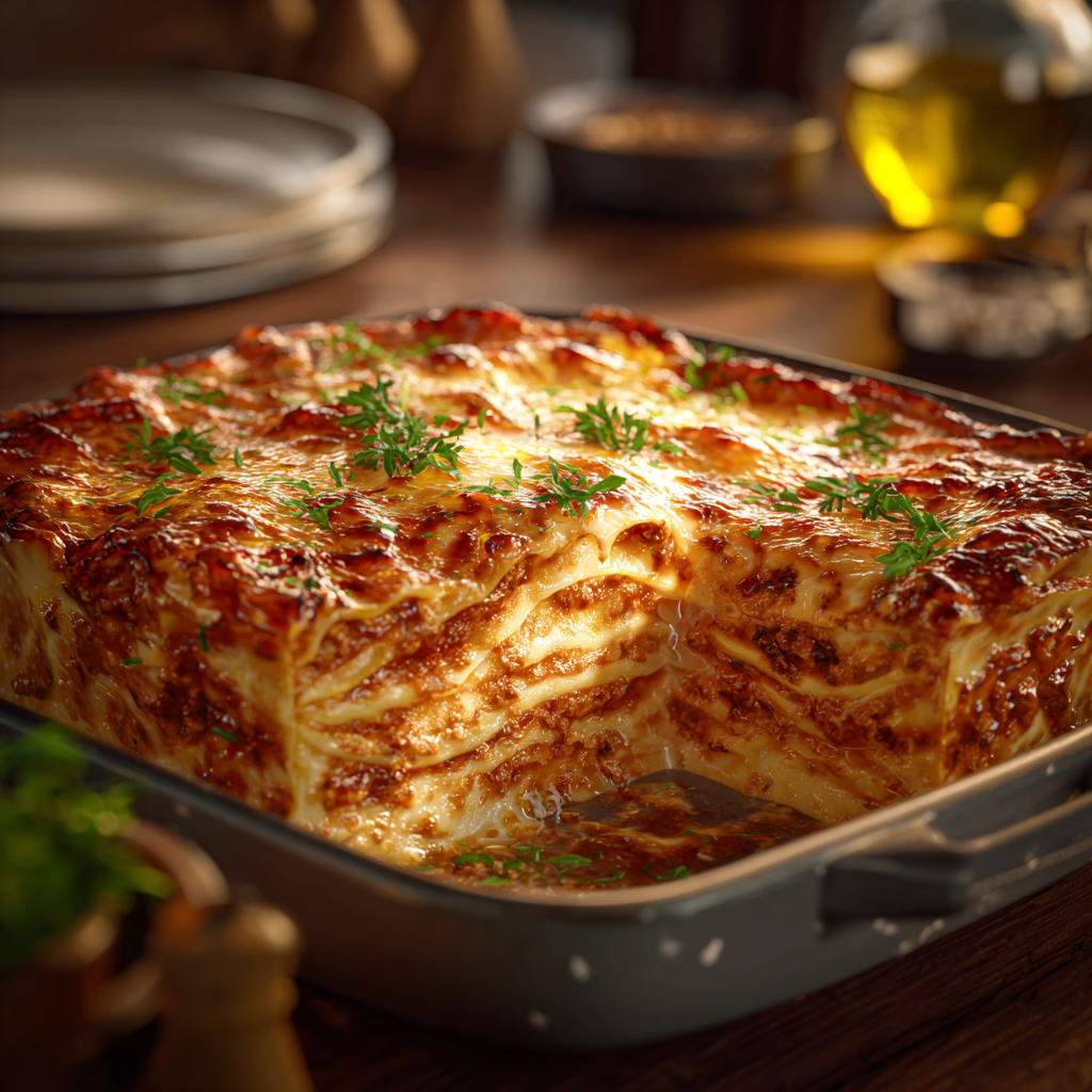 Nahaufnahme von Lasagne, die auf einem Tisch serviert wird | Quelle: Midjourney