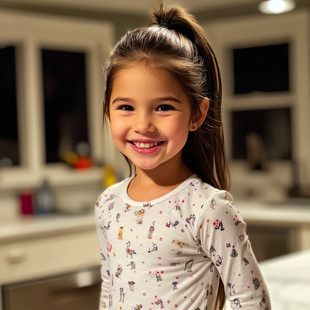 Ein lächelndes kleines Mädchen in ihrem Pyjama | Quelle: Midjourney