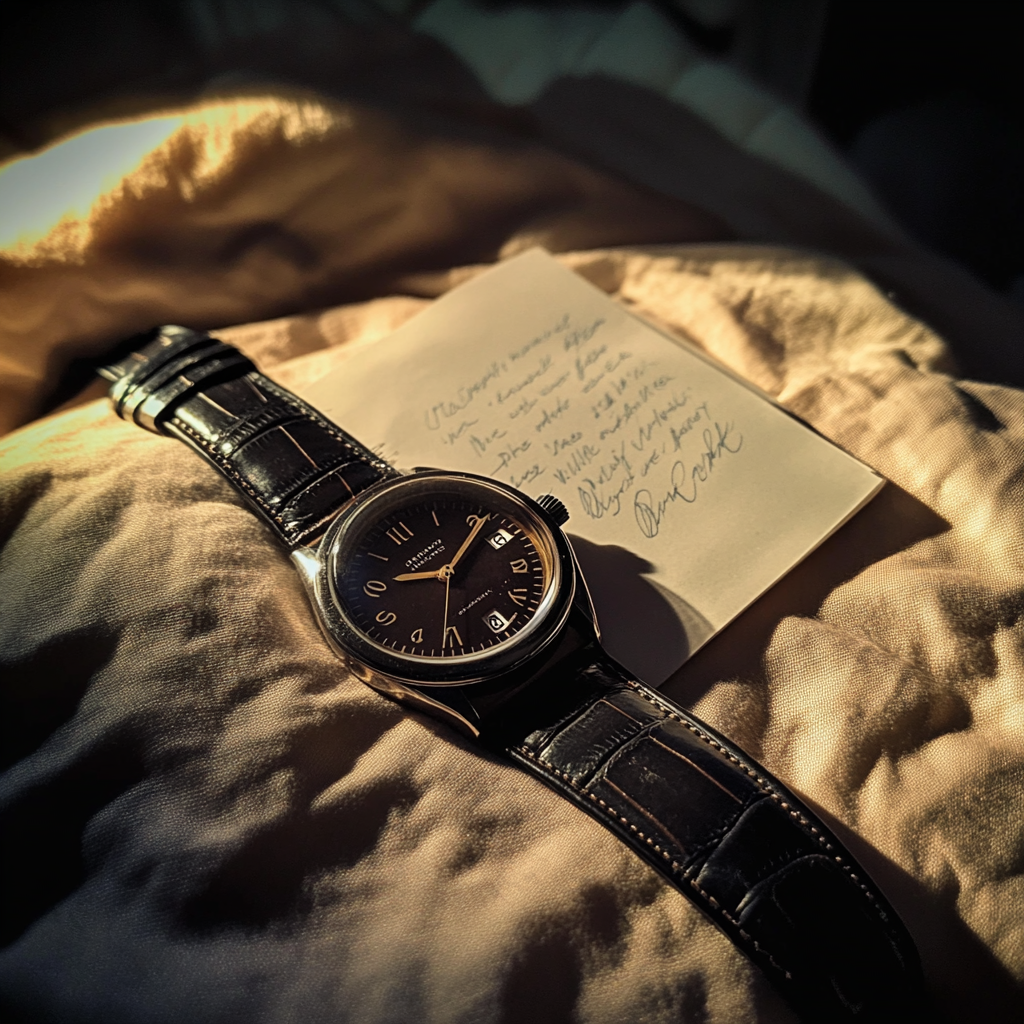 Eine Uhr und ein Zettel auf einem Bett | Quelle: Midjourney