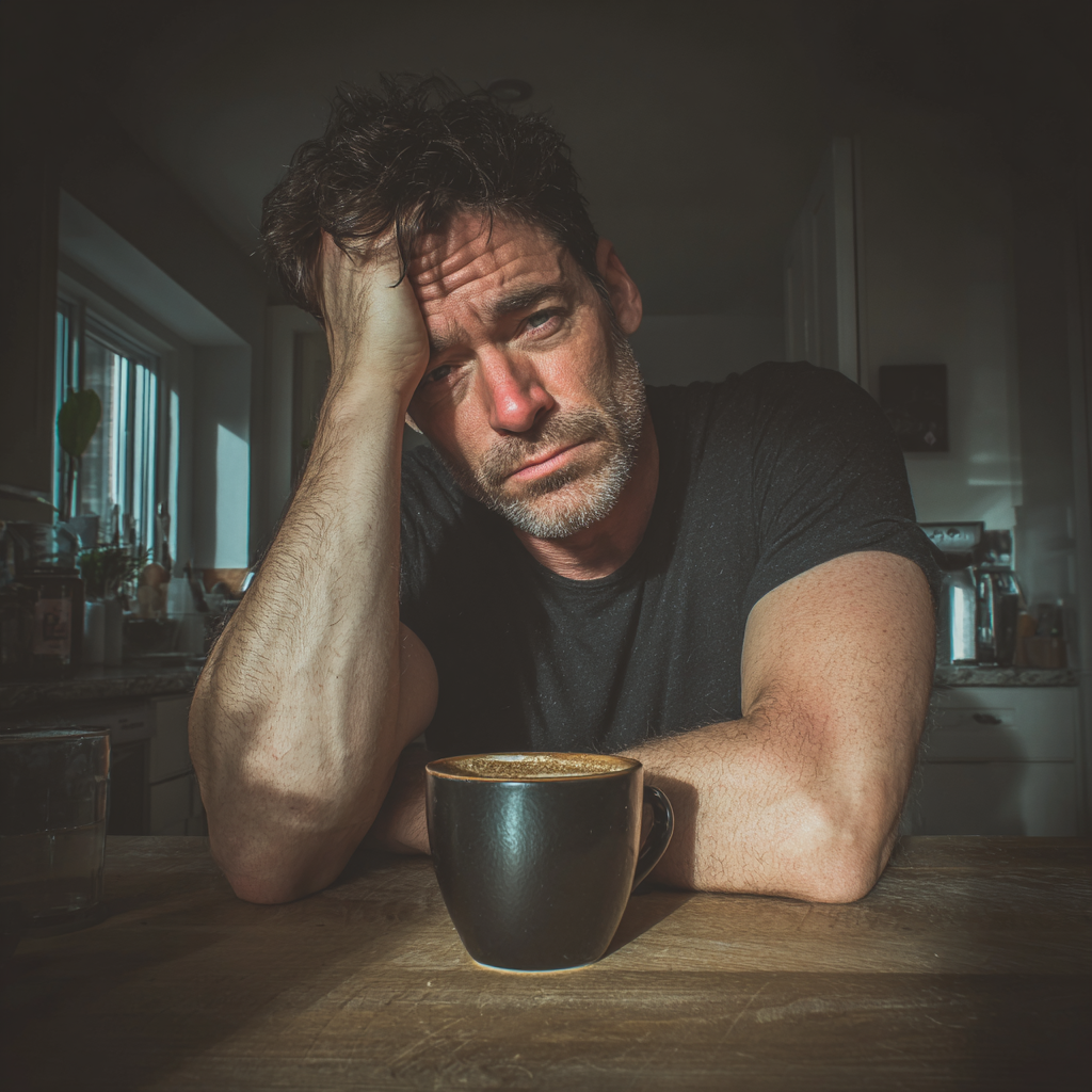 Ein erschöpfter Mann, der an einem Küchentisch sitzt | Quelle: Midjourney