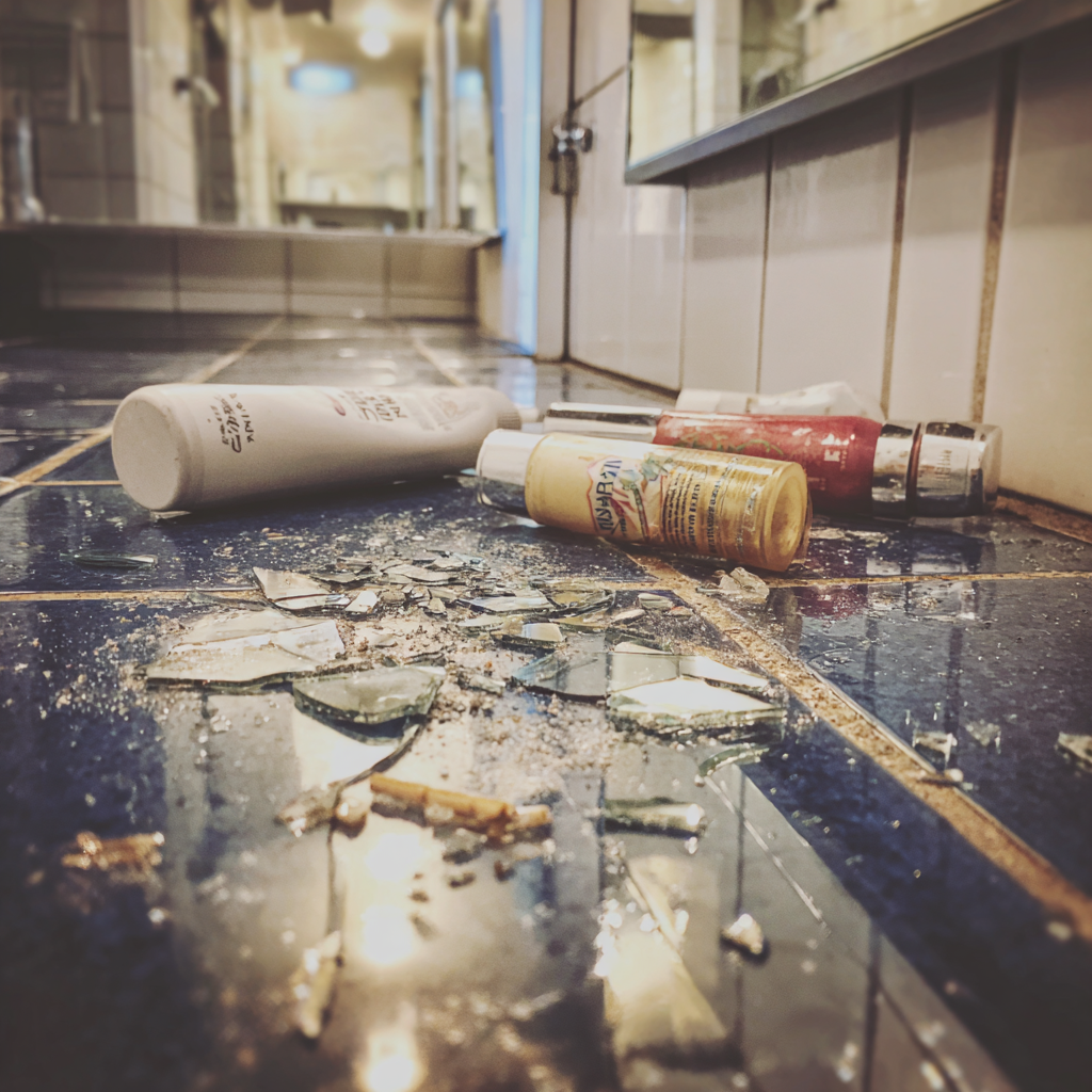 Verstreute Toilettenartikel und Glasscherben auf dem Boden eines Badezimmers | Quelle: Midjourney