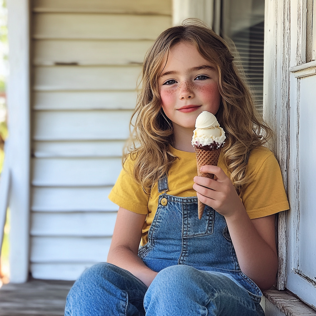 Ein kleines Mädchen sitzt auf einer Veranda und isst ein Eis | Quelle: Midjourney