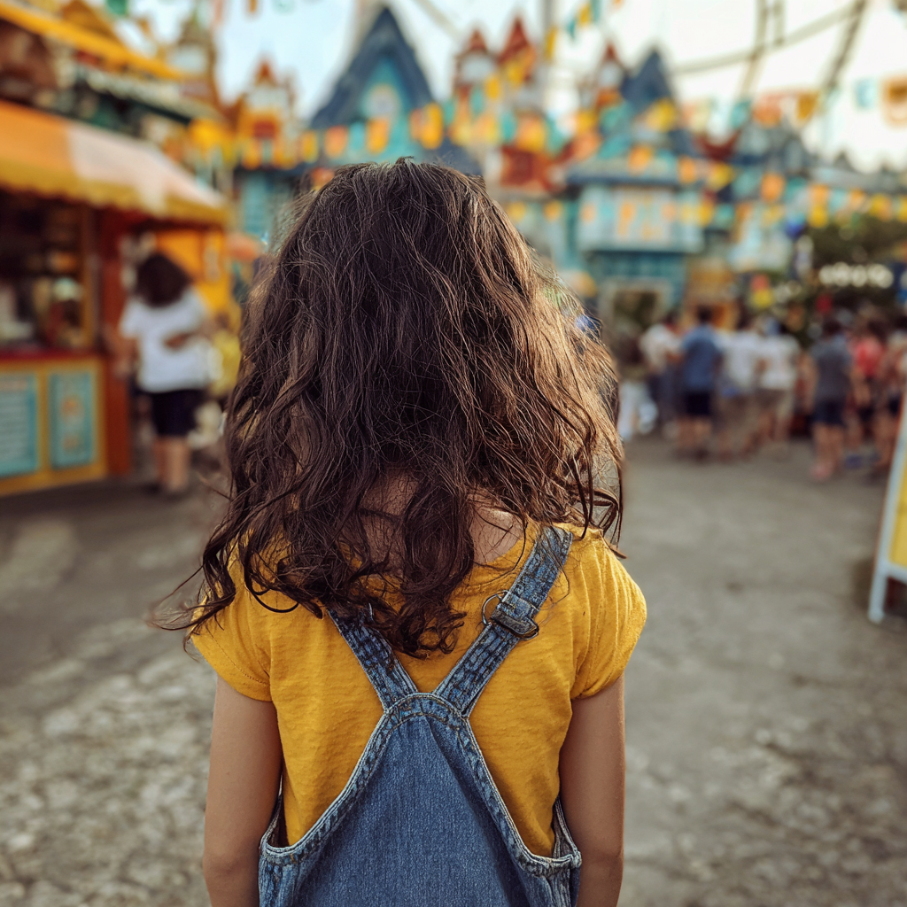 Ein kleines Mädchen steht in einem Vergnügungspark | Quelle: Midjourney