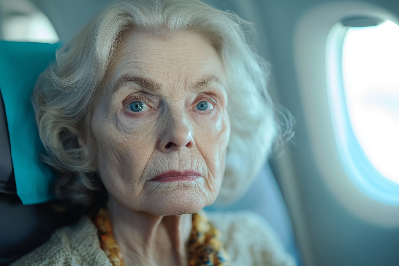 Eine ältere Frau, die in einem Flugzeug sitzt | Quelle: Midjourney
